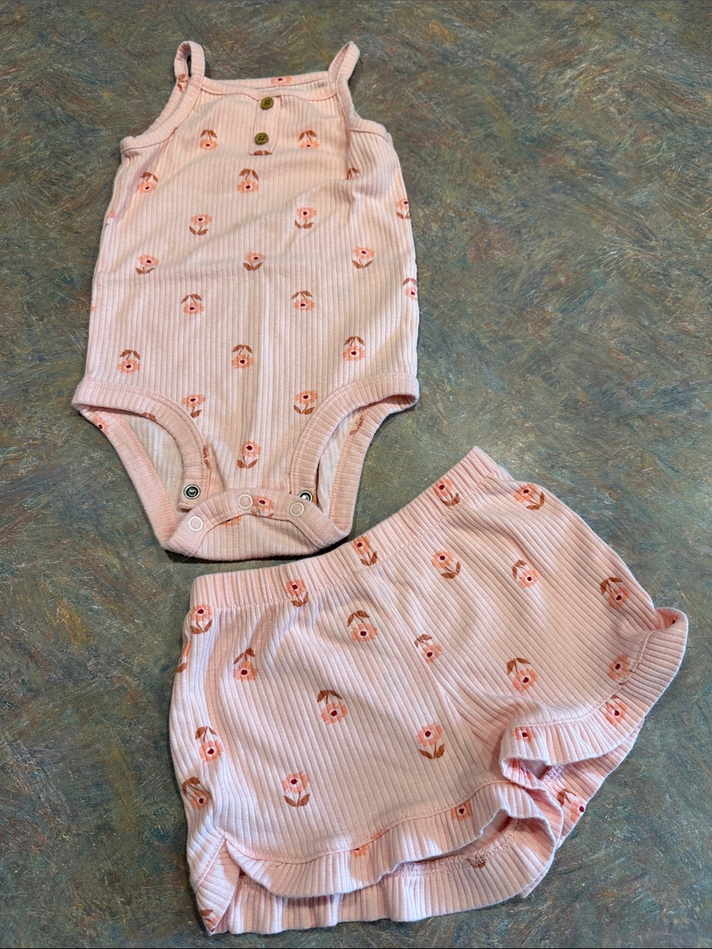 EU Baby Pink Floral Ribbed Tank Onesie Bodysuit & Ruffle Shorts Set